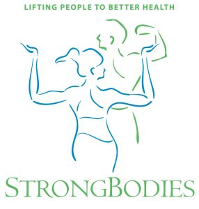 Strong Bodies logo with green and blue line illustration of female in front of blue male figure