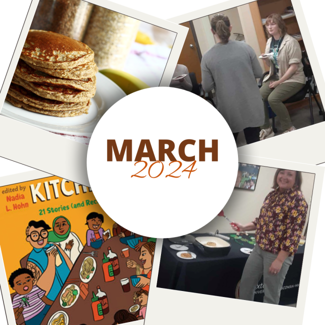 A food collage that includes the book cover for The Antiracist Kitchen, banana fritters, and Rock County staff cooking together.