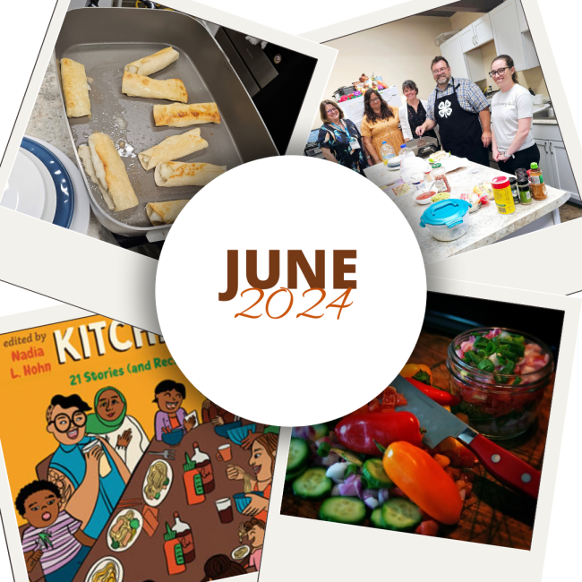 A food collage that includes the book cover for The Antiracist Kitchen, Taquitos de Papa, and Rock County staff cooking together.