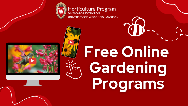 graphical image depicting an image of a computer, cell phone and headline that reads: Free Online Gardening Programs