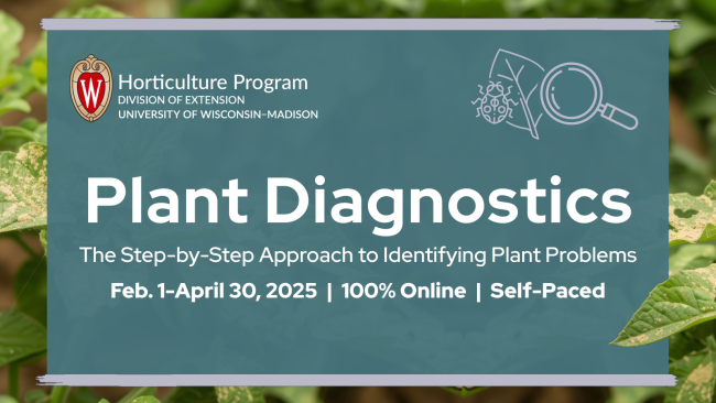 promotional image depicting the Plant Diagnostics course registration is open and when the course starts. 