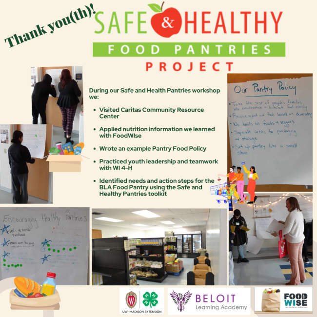 Picture collage of the Safe and Healthy Pantries workshop event.  Youth are writing on poster paper and visiting a food pantry.