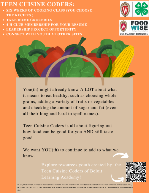 Image of promotional flyer that describes Teen Cuisine Coders.  It is used with youth.  The information is included in other text in the website.